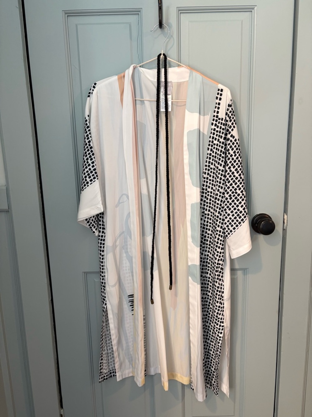 Chico’s Pastel Abstract Open-Front Kimono with Black Braided Tie